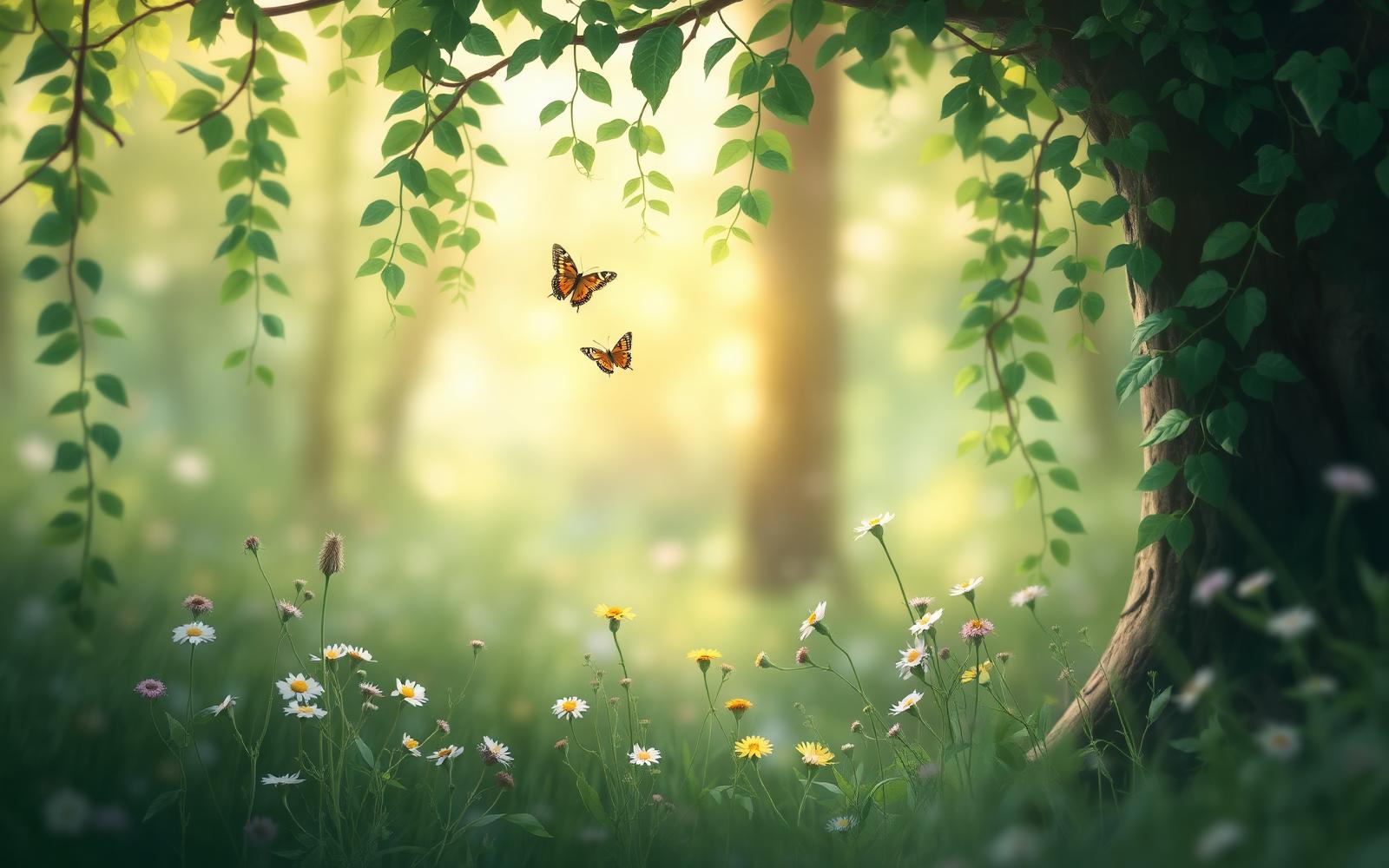 Soft sunlit forest clearing with ivy and butterflies